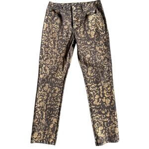DG2 Diane Gilman Jeans Womens 10 Brown Gold Foil Floral Skinny Stretch